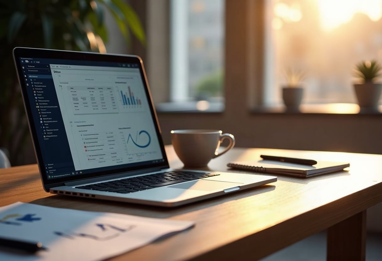 Espace de travail lumineux avec laptop affichant des interfaces de comparaison et des données, ambiance tech épurée et bien éclairée