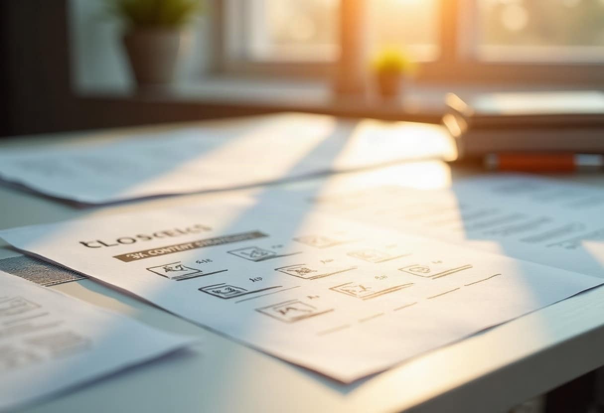 Bureau lumineux montrant des documents de stratégie de contenu et un schéma d'organisation éditorial, avec une lumière chaleureuse naturelle