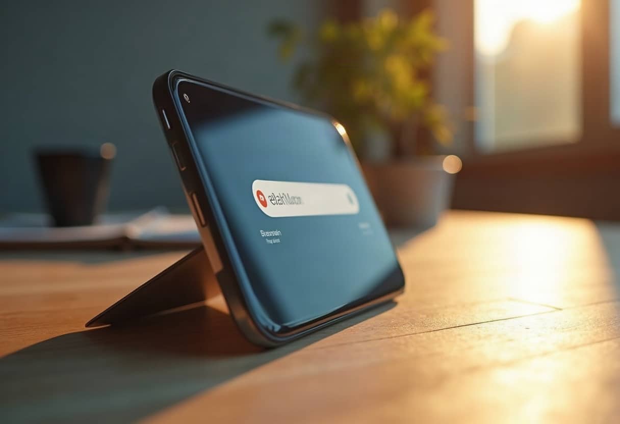 Smartphone avec barre de recherche sur bureau lumineux, illustrant la saisie de requêtes conversationnelles.