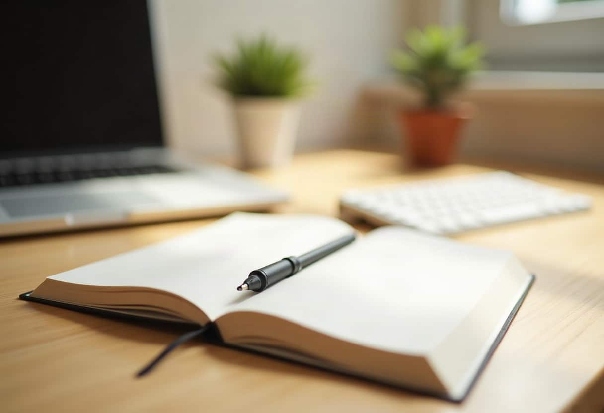 Espace de travail minimaliste avec carnet et clavier, lumière chaleureuse naturelle mettant en évidence la réflexion rédactionnelle.